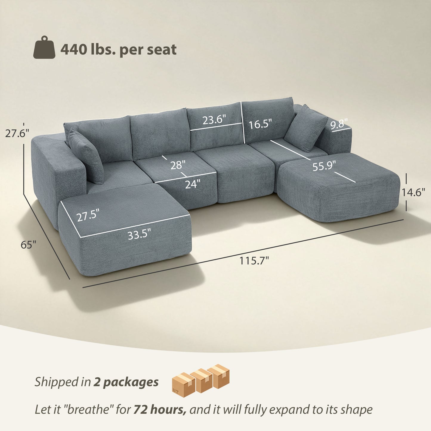 Dark Gray Modular Boneless Couch with 2 Ottomans