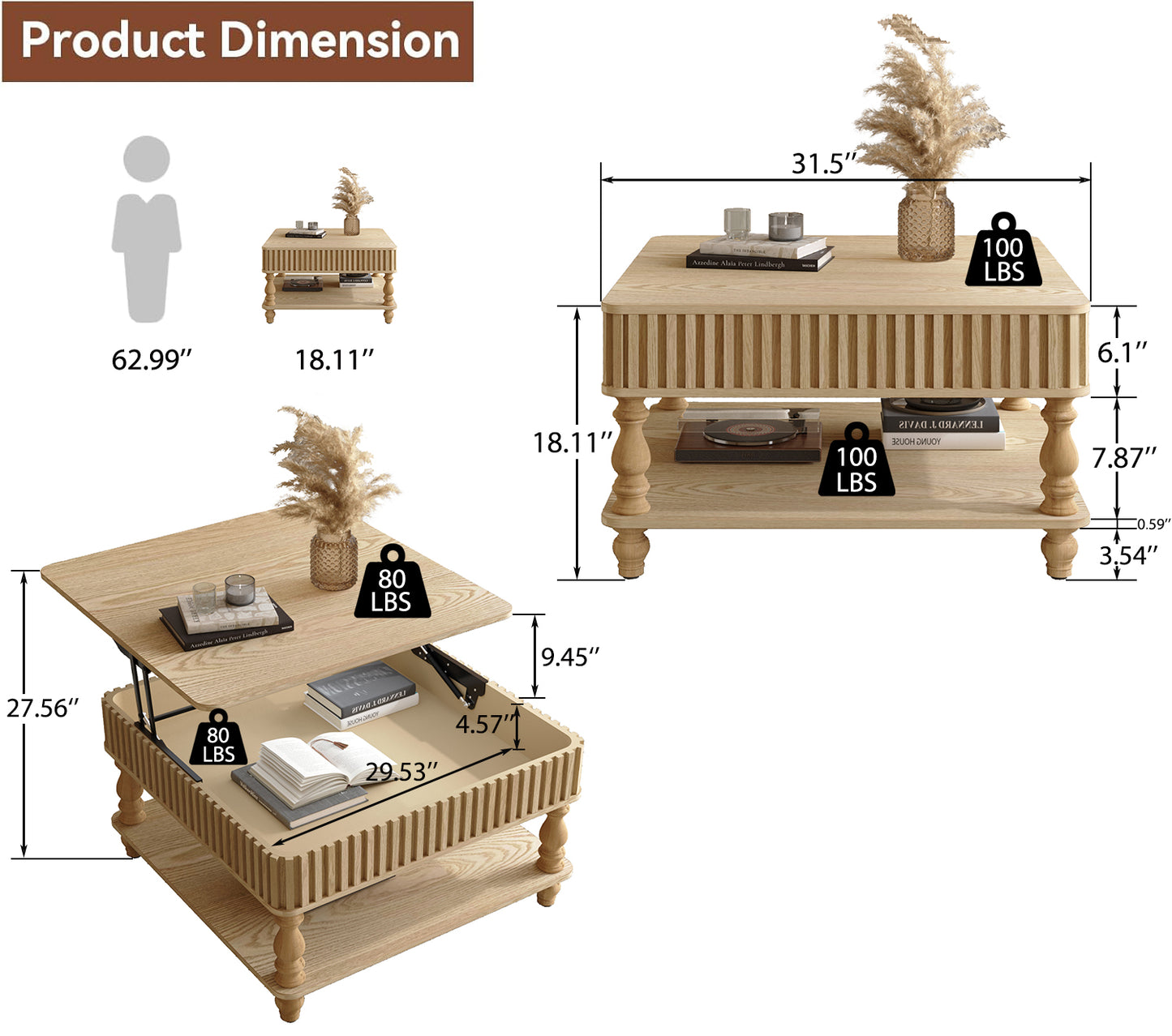 Natural Wood Square Lift-Top Coffee Table With Hidden storage