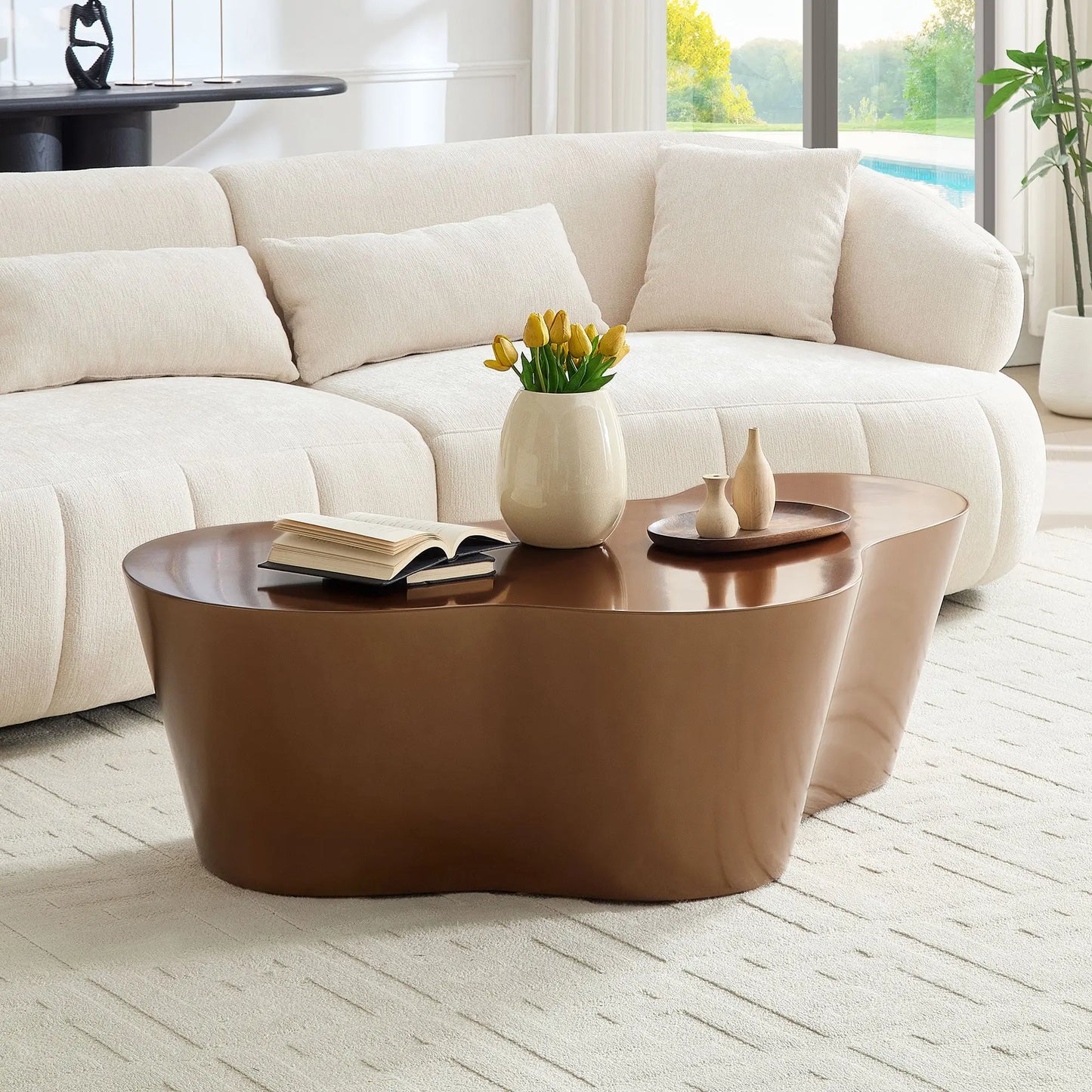 Unique Shape Coffee Table Sturdy Fiberglass Tea Table For Living Room No Need Assembly BROWN LIVSURFACE