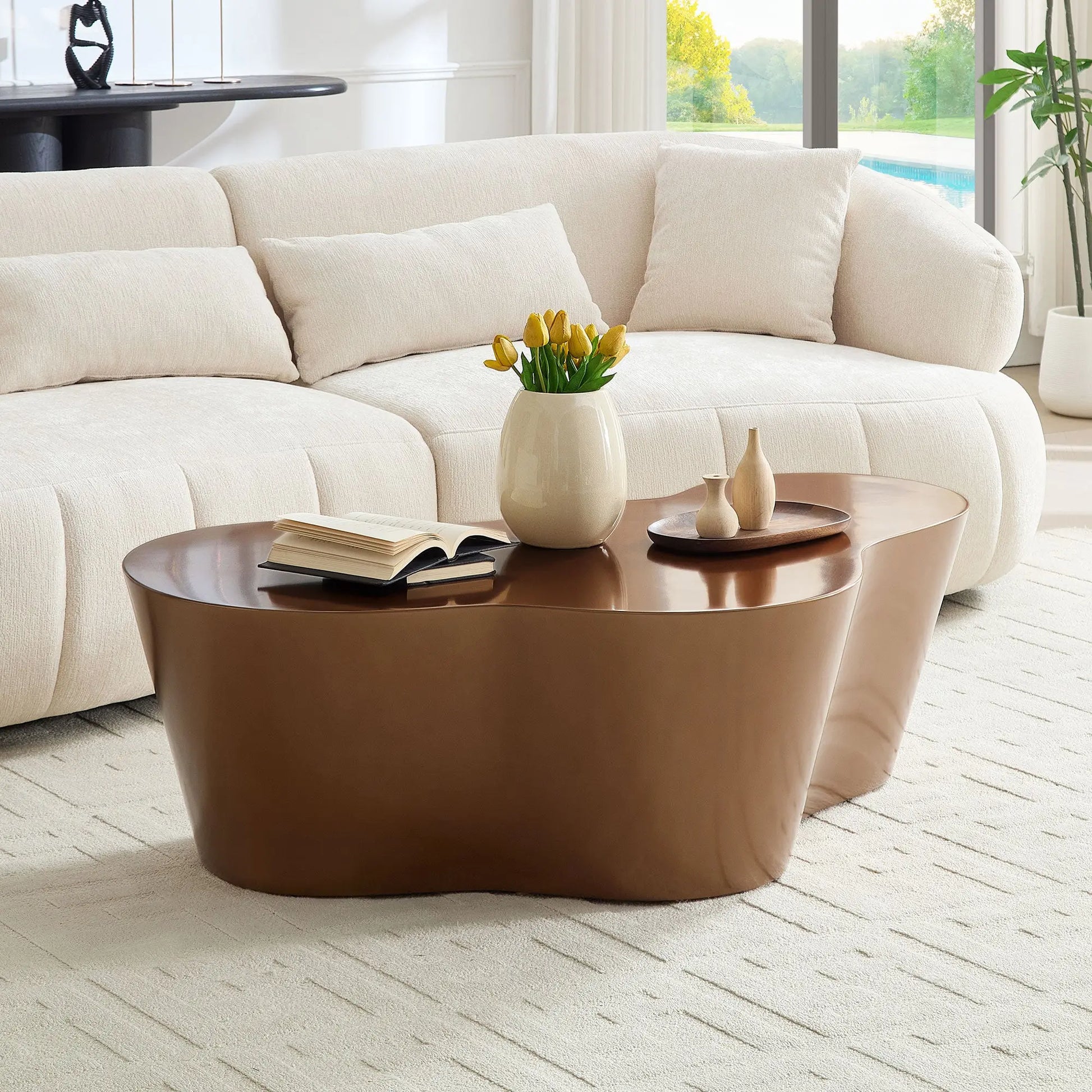 Unique Shape Coffee Table Sturdy Fiberglass Tea Table For Living Room No Need Assembly BROWN LIVSURFACE