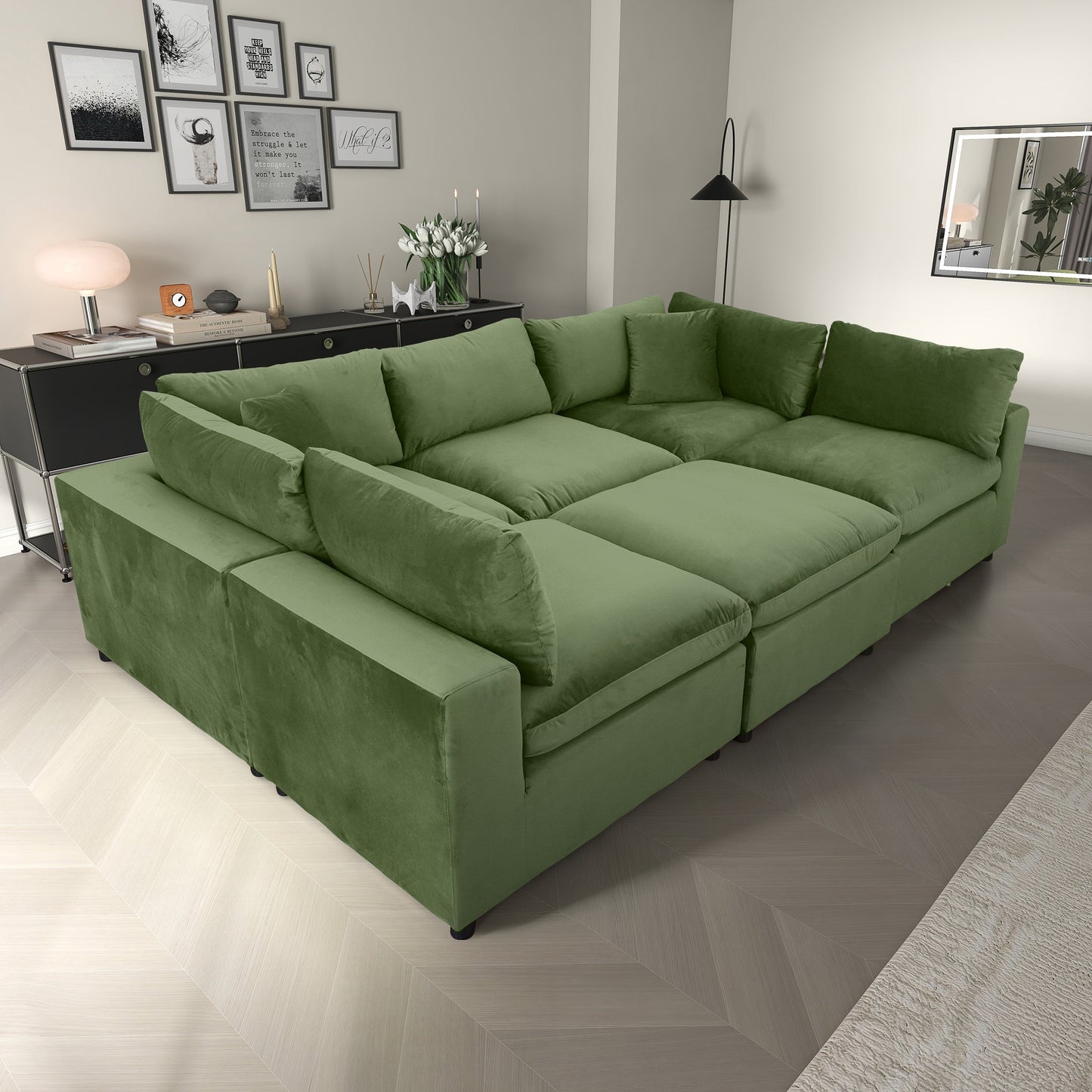 Luxury Olive Green Velvet Modular Cloud Sectional Sofa with Storage