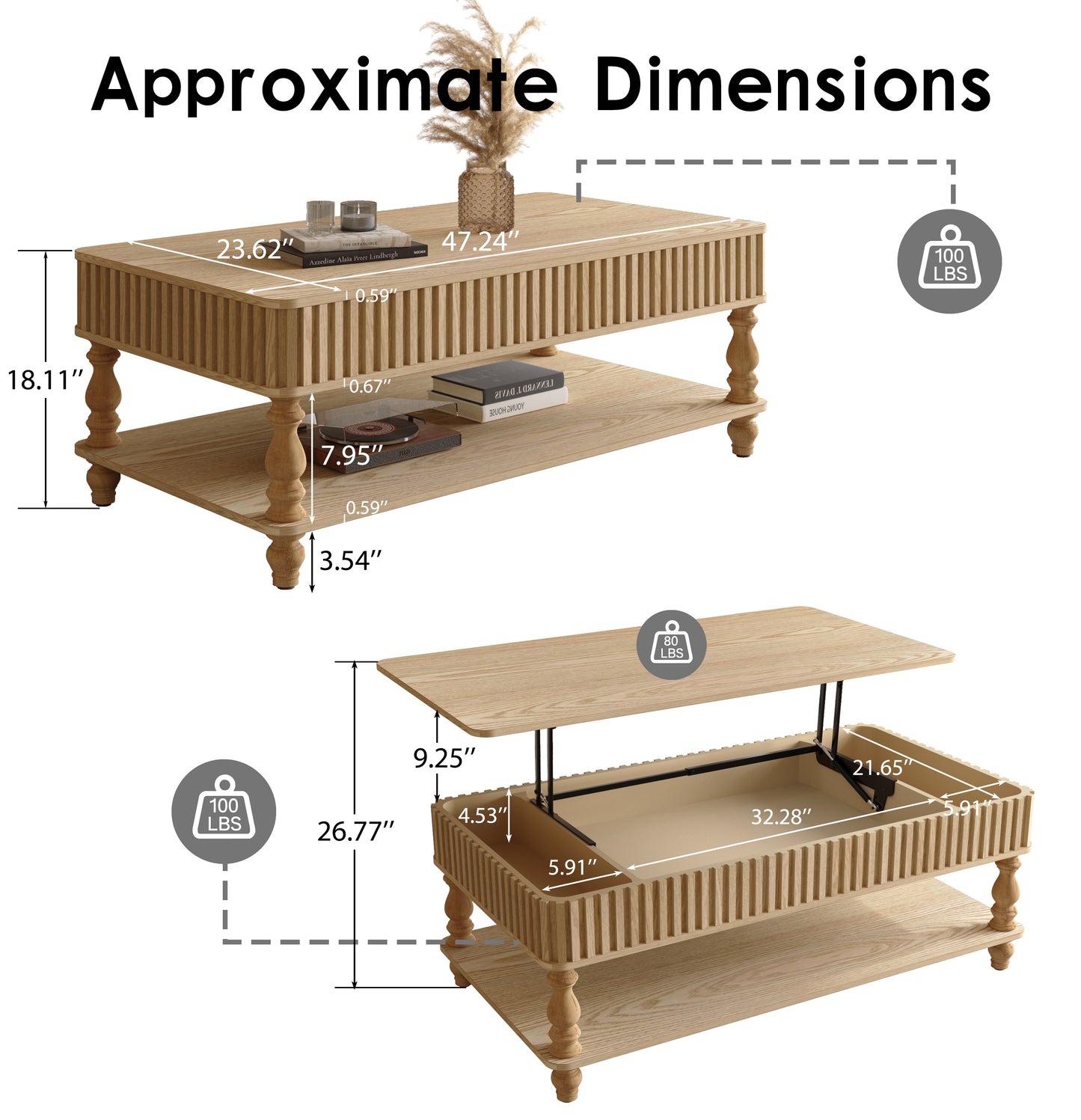 Natural Wood Rectangle Lift-Top Coffee Table With Hidden Storage